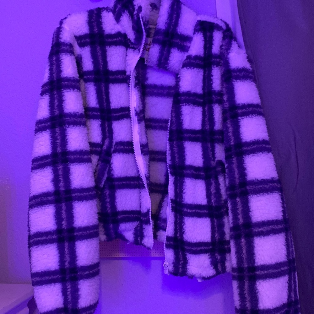 Blue and White Checkered fuzzy jacket